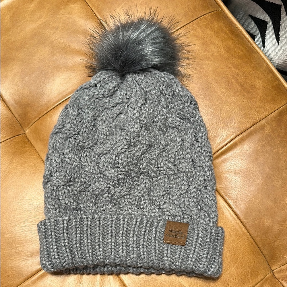 Gray Knit Beanie with Pom Pom